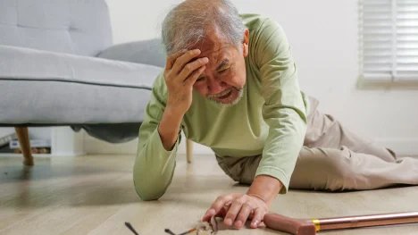 starý muž držící se za hlavu a ležící na zemi v bytě
