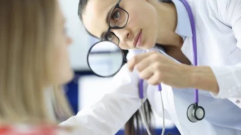 Dermatoložka prohlížející lupou obličej ženy